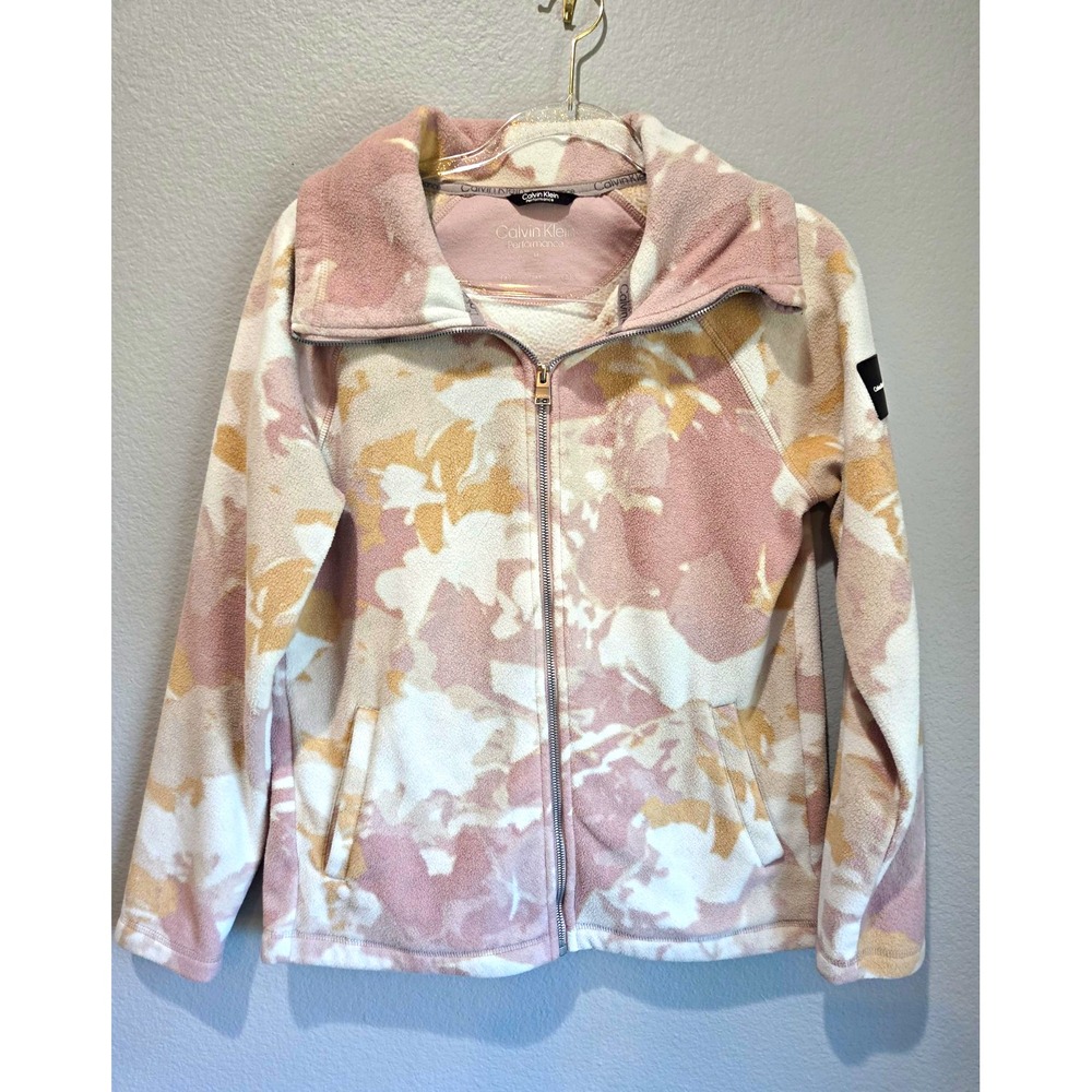 Calvin Klein Performance Fleece Jacket Womens M Pink Tan Abstract Floral Zip Up